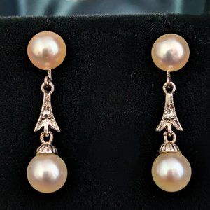Vintage Pearls Diamonds 12k White Gold Earrings Drop Dangle Retro Mid Century